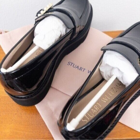 NEW Stuart Weitzman Piper Super Lift Loafer 7 Black Patent Calf Leather Platform - Picture 8 of 13